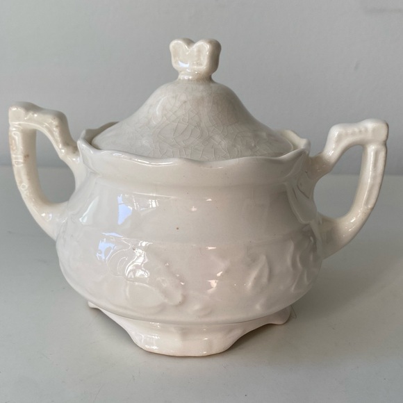 Vintage French white Porcelain Ironstone Sugar Bowl Double Handles Crackle Glaze - Picture 5 of 12